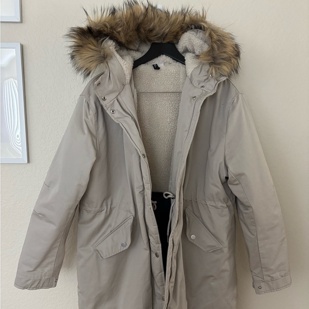 Women's Beige Parka with Faux Fur Hood
